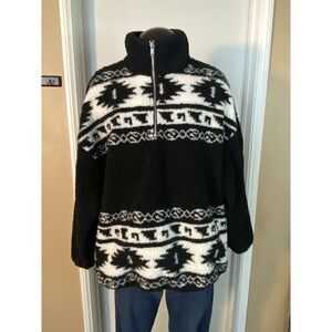 HM Fleece Pullover Jacket Black White Teddy Aztec Print Womens Oversized Small S